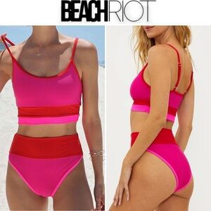 Beach Riot SET Eva Top Fuchsia Red Neon Pink & Emmy Bottoms Colorblock Sz L NWT